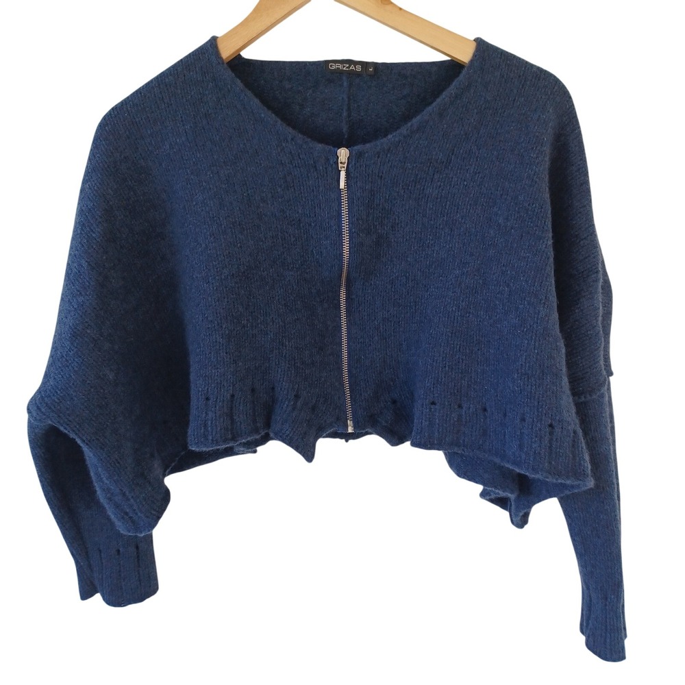 Grizas Blue Wool Cashmere Cropped Zip Up Sweater Size Large Made in EU Lagenlook